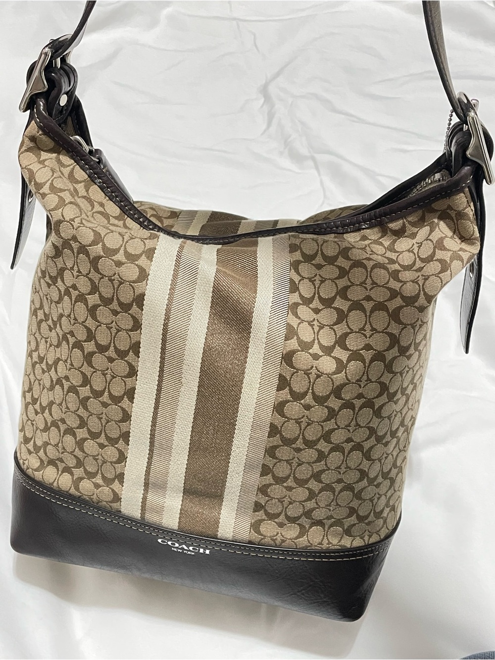 Coach Signature Stripe Canvas & Leather Hobo Shoulder Bag